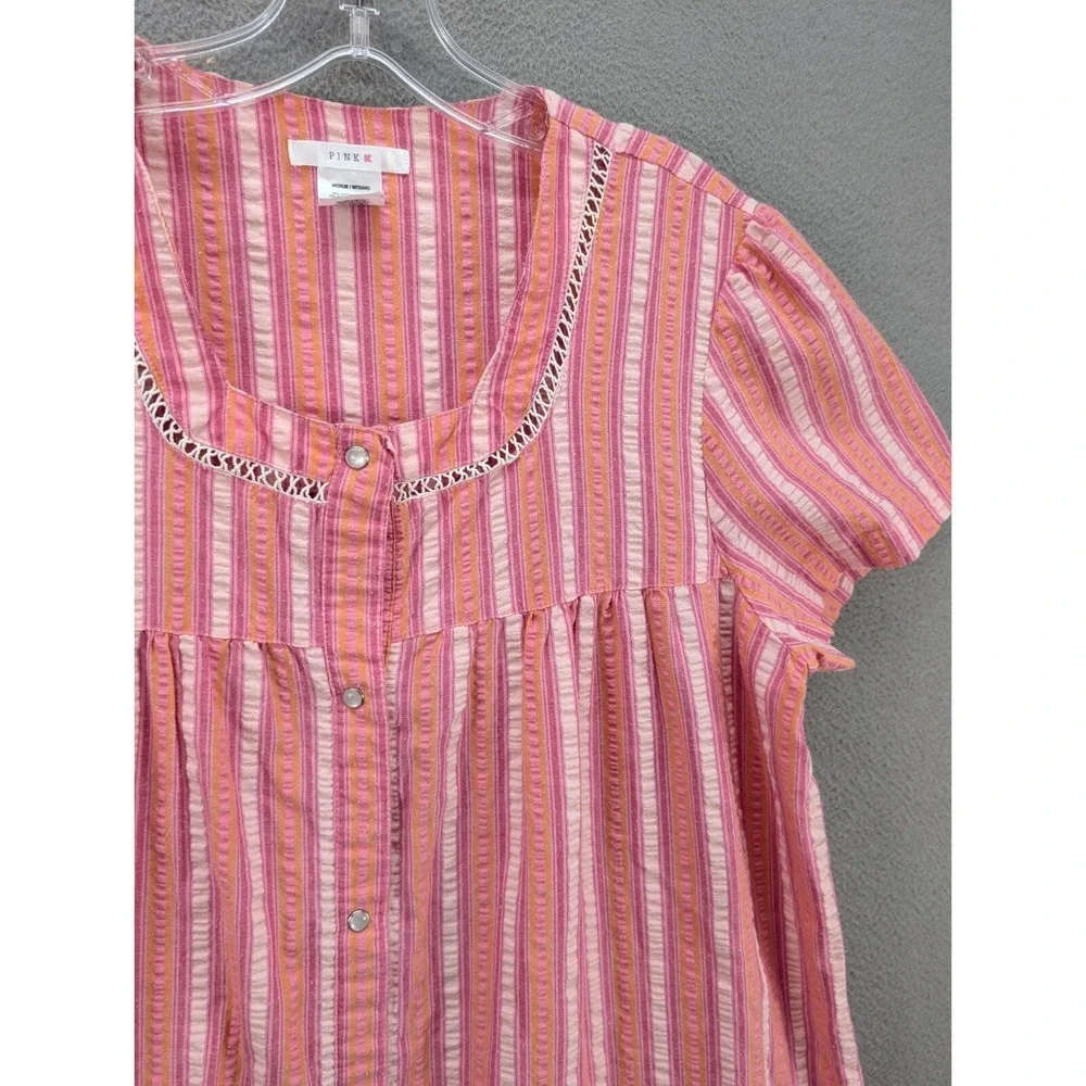 PINK K Women's Pearl‎ Snap Front Seersucker Nightgown Size M Striped Loungewear